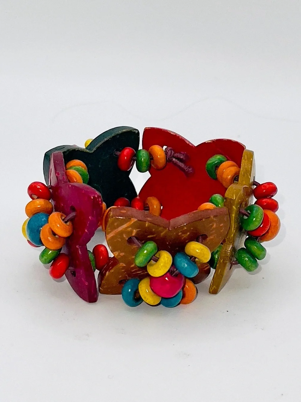 Chunky Boho Multicolor Wooden Flower Stretch Statement Bracelet